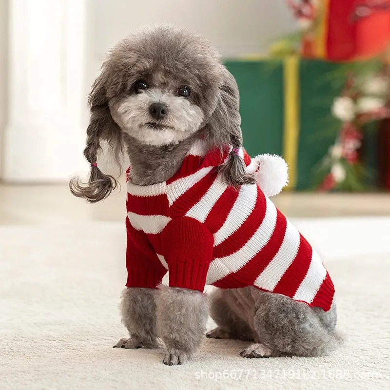 Cross border Pet clothing New Fall/winter hooded two-legged striped knit Christmas sweater Dog supplies