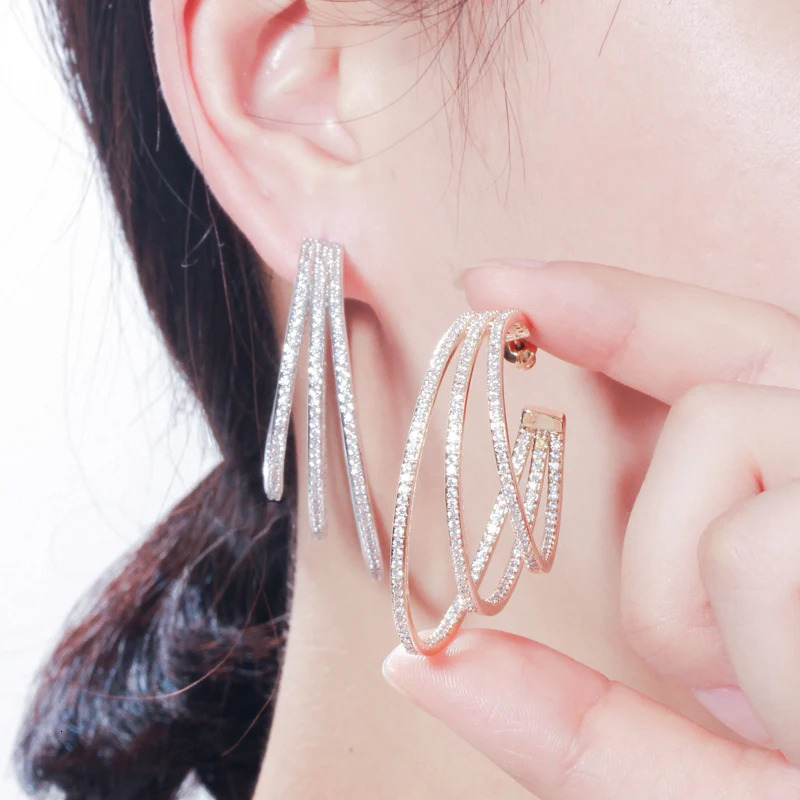 CWWZircons 3 Circle Bling Cubic Zirconia Pave Yellow Gold Color Big Round Geometric Triple Hoop Earrings for Women CZ581 250403