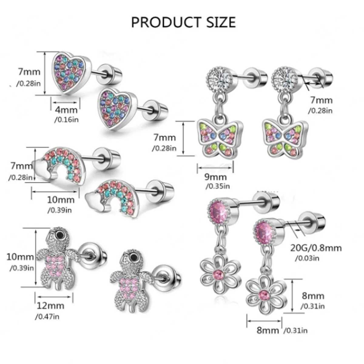 2/12pcs Stainless Steel Hypoallergenic Cute Cubic Zirconia Screw back Stud EarringCartilage Tragus Helix Conch Piercing Jewelry Z250408