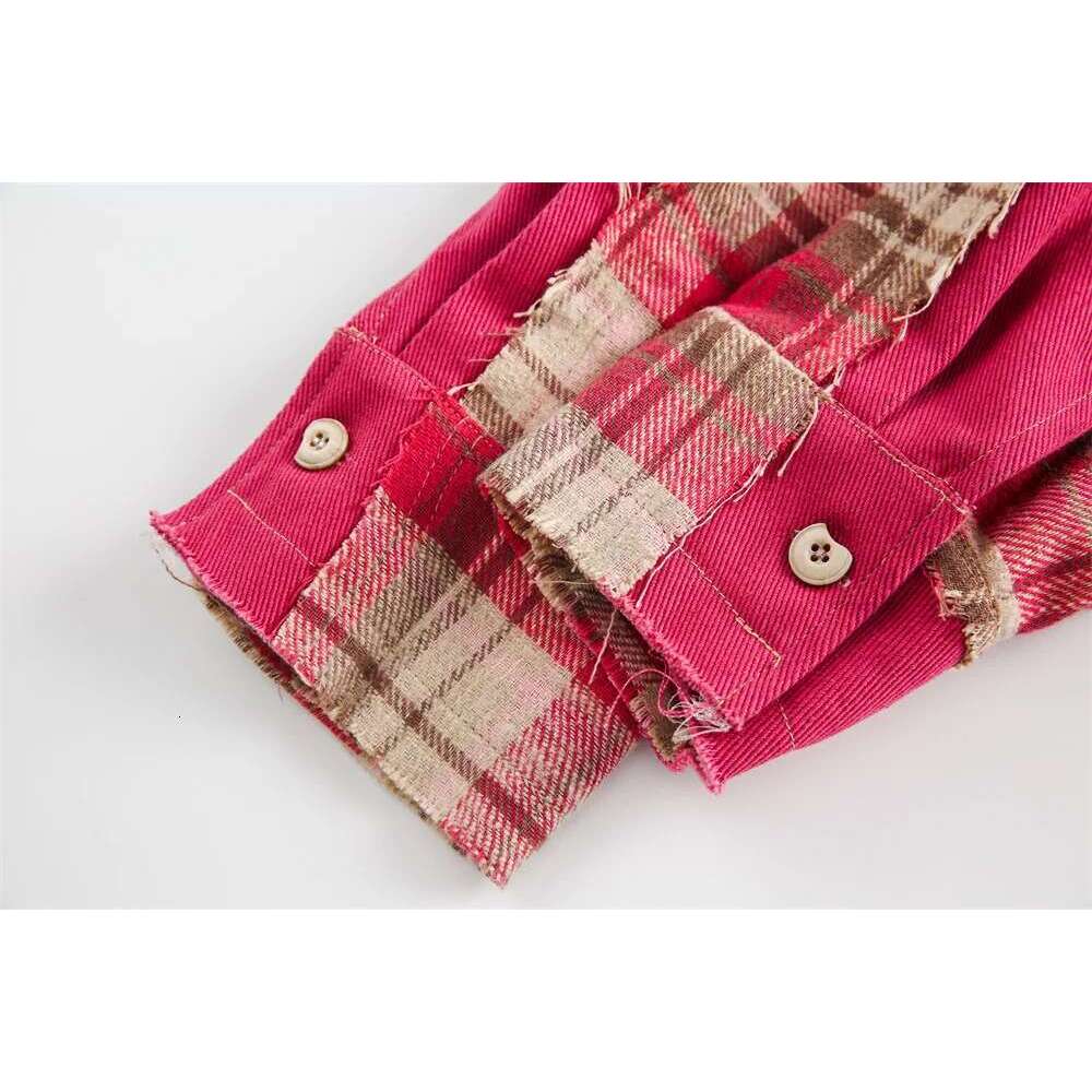 Patchwork Plaid Mens Spring High Street Single Breasted Loose Lapel Long Sleeve Raw Edge Shirts Men