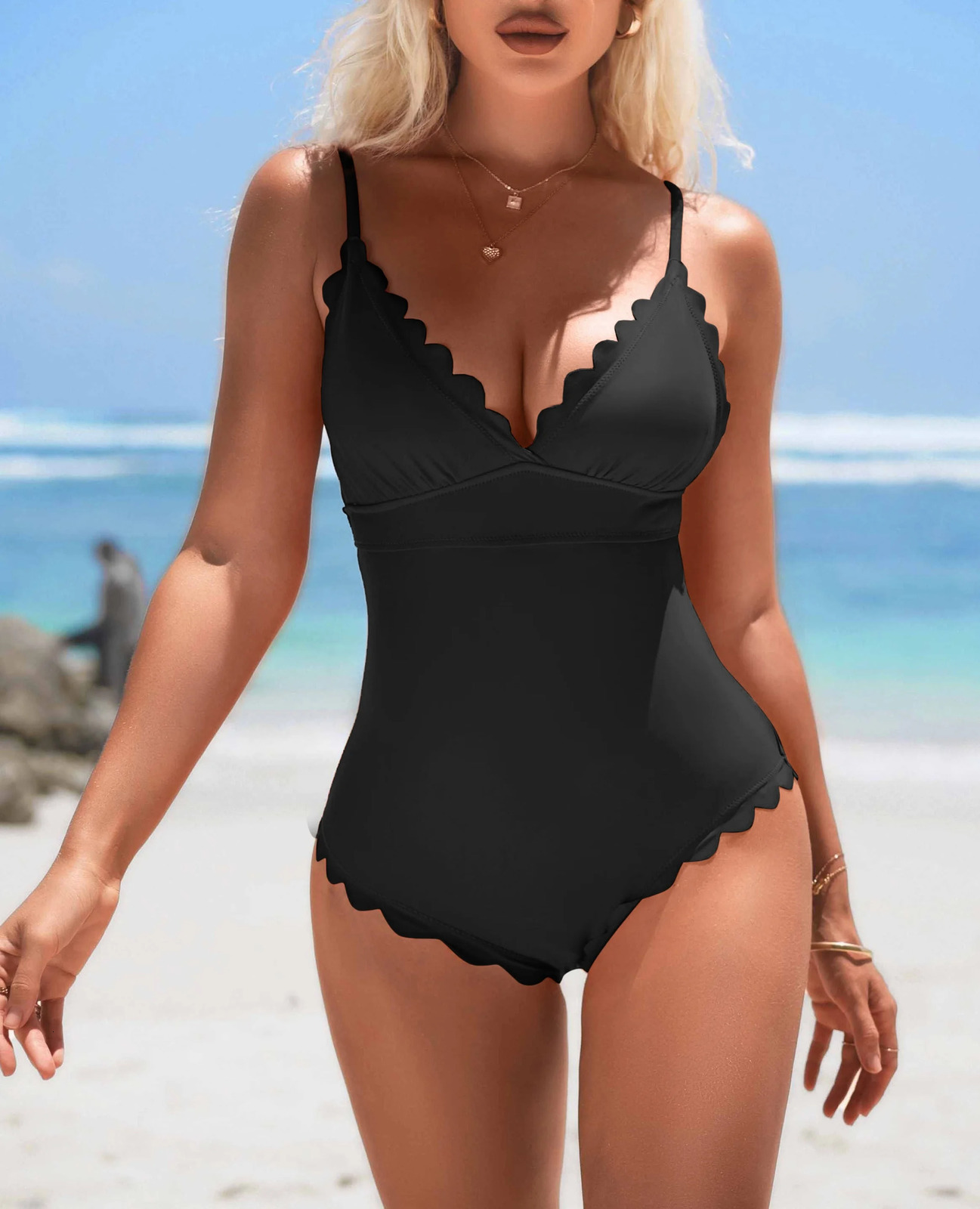 Anfilia womens fashionable onepiece swimsuit with solid scalp decoration high elasticity and detachable pad 250409