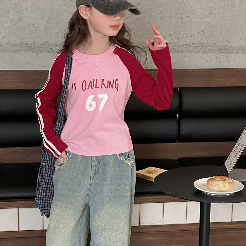 Ddmyshoesvip Girls Bottom Shirt New Girl S Large Color Blocked Long Sleeved T Shirt Children S Spring Korean Short Top
