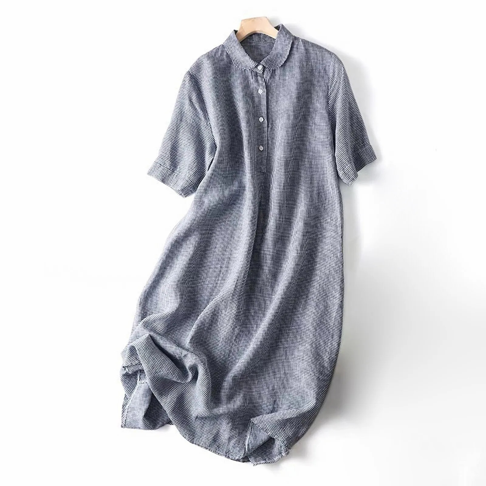 Womens casual cotton linen plain weave shirt dress Korean fashion short sleeved oversized long skirt spring and summer 250409