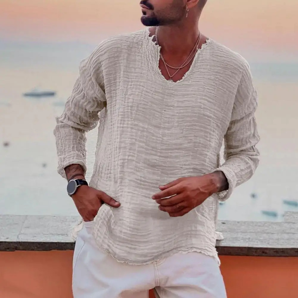 Men V-neck Long Sleeve Shirt Tops Burr Edge Pleated Loose Thin Pullover Tops Streetwear Spring Autumn Casual Handsome Men Shirts 250408