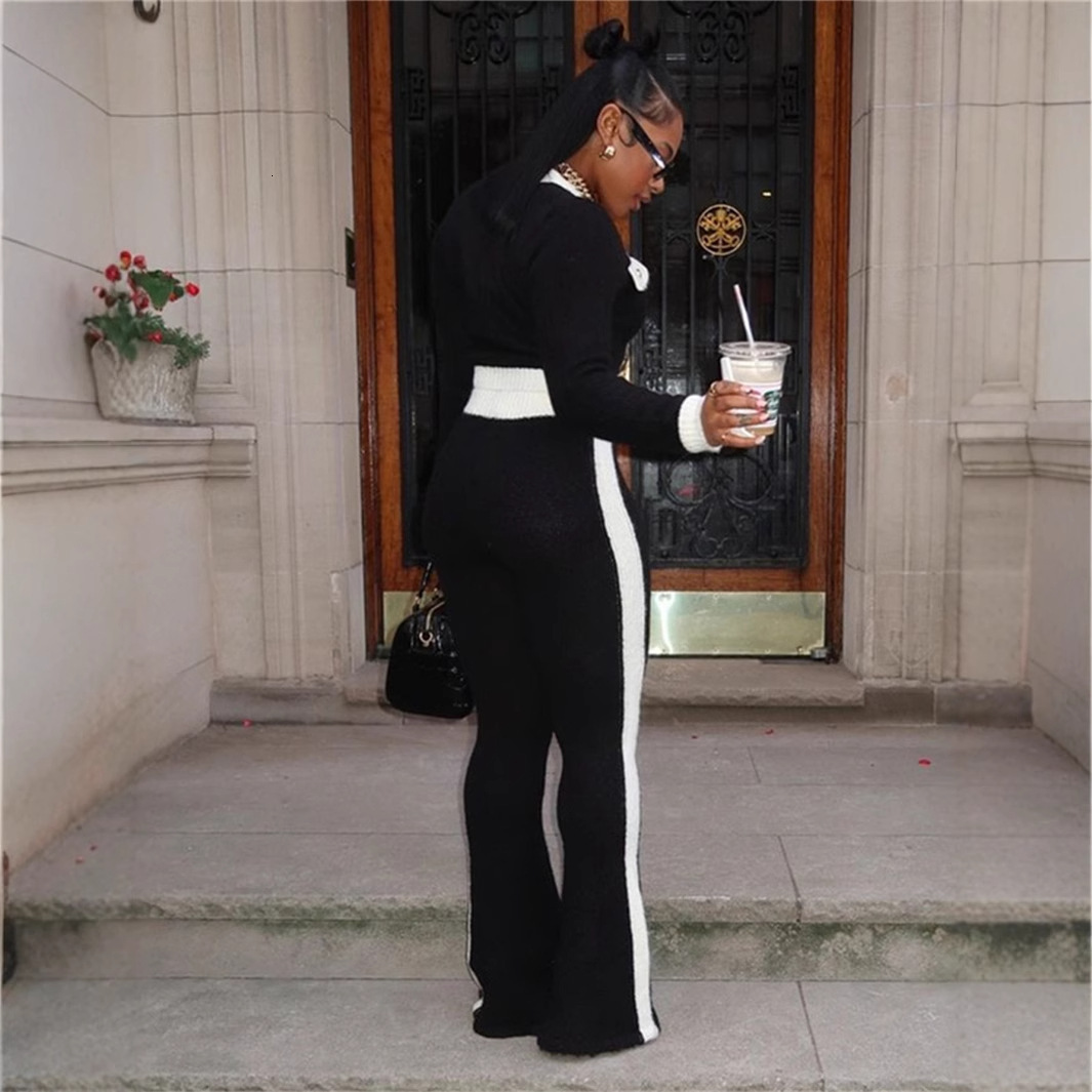 2025S Designer Women S Set Autumn New Style Sleeved Casual Contrasting Color Short Top Long Flared Pants Set For Women