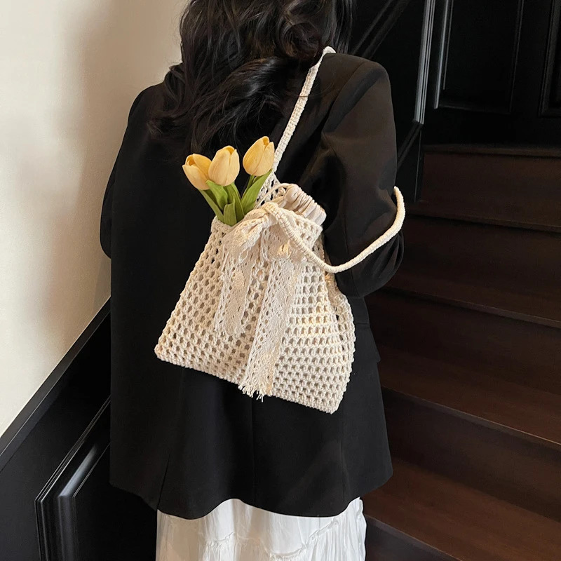 Arrival hollow lace bow shoulder bag womens large capacity straw handbag retro travel beach shopping 250408