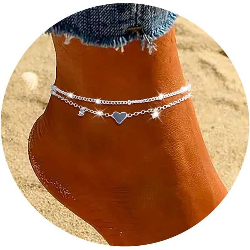 925 Sliver Plated CZ Anklet Bracelets for Women Girl Trendy New Waterproof Heart Charm Dainty Layer Chain Anklets Jewelry Gifts Z250408