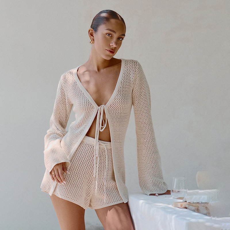2024 Autumn New Beach Womens Solid Color Sexy Knitted Beach Bikini Swimsuit Womens Dress