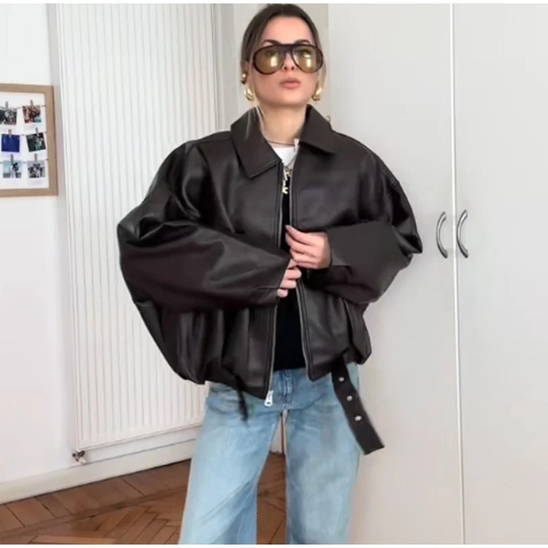 Vintage PU Leather Bomber Jackets Autumn Ladies Zipper Lapel Long Sleeve Pocket Coat With Belt Womens Loose Streetwear 251106