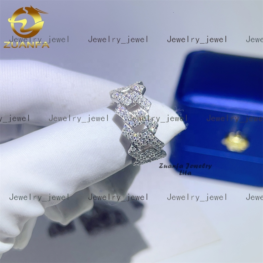 Wholesale Factory Price Moissanite Jewelry 925 Silver Iced Out 2 Row Diamond Cuban Rings Hip Hop Moissanite Ring