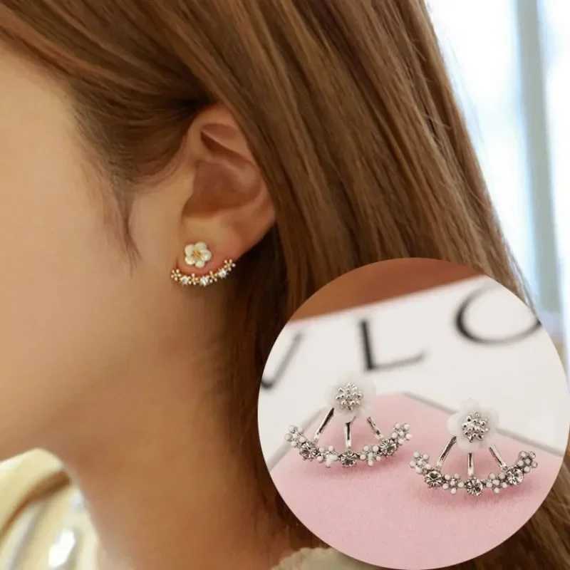 Womens Flower Earrings Zircon Ear Jacket Korean Style Copper Ear Studs Earrings Orecchini Jewelry Pendientes Aretes De Mujer Z250408