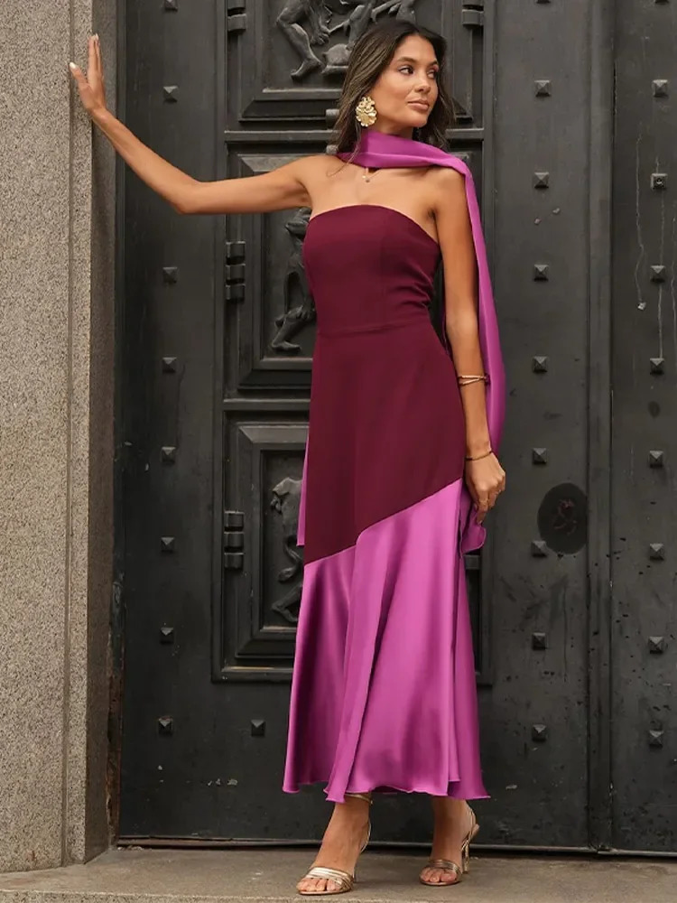 strapless satin patch with scarf long skirt womens shoulder sloping collar ultrathin dress party club Vestdos 250409