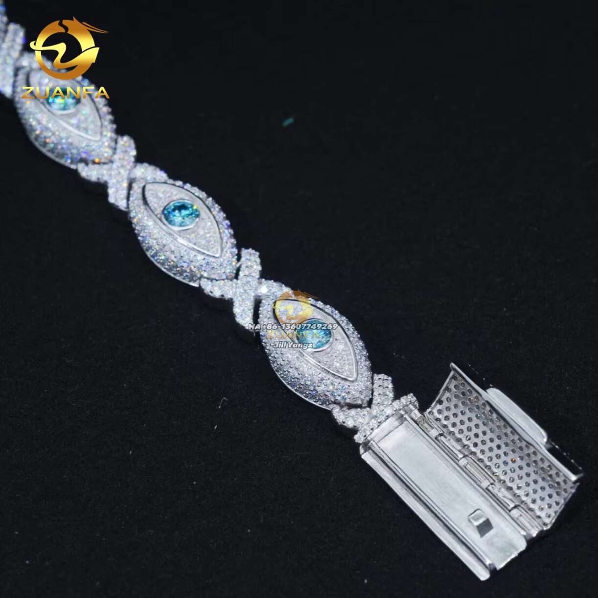 12mm Trendy Evil Eyes Bracelet Sea Blue Color Moissanite Fancy Jewelry Infinity Link Chain Moissanite Cuban Link Bracelet