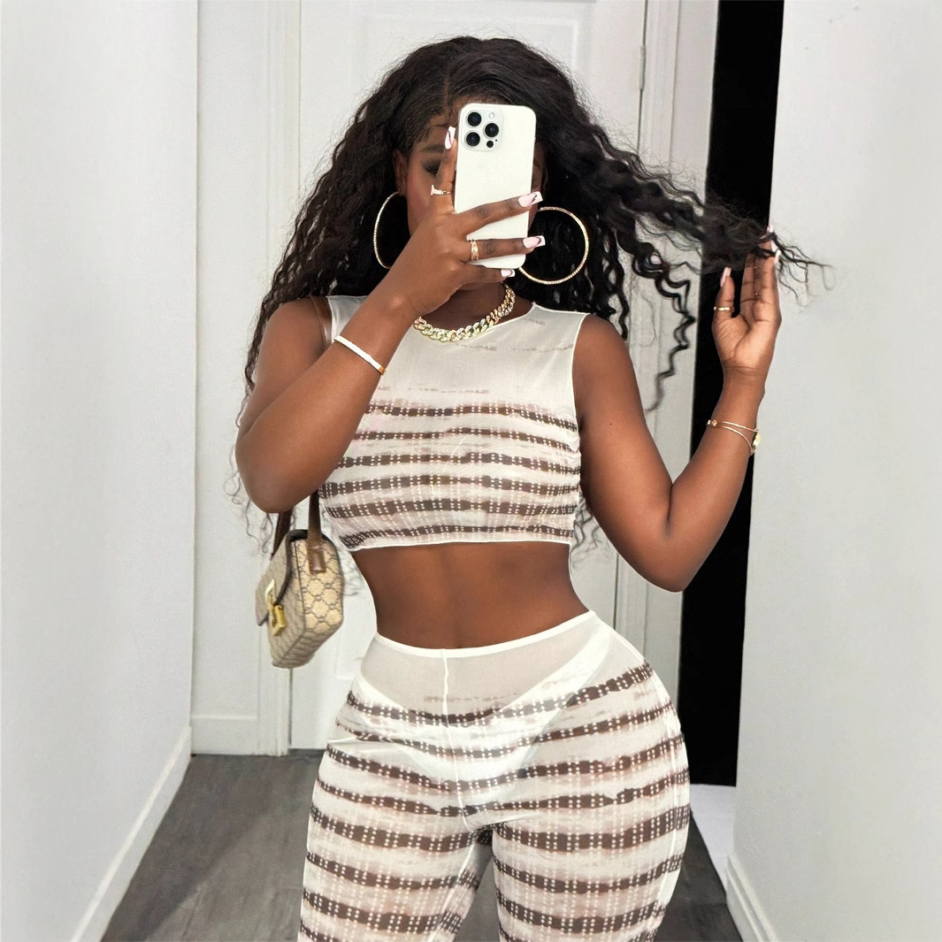 2025S Designer Women S Set New Women S Fashion Sexy Spicy Girl Perspective Mesh Printed Non Trace Top Micro Pull Pants Set