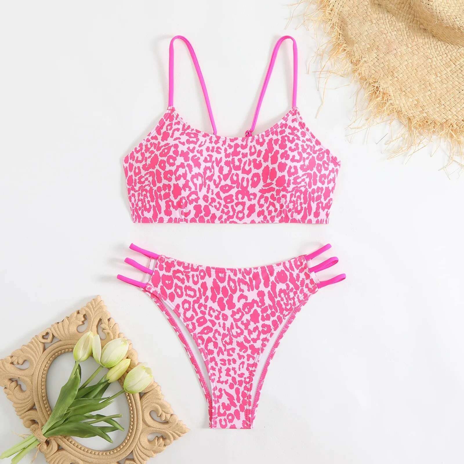 Dongdumaoyi Sexy Leopard Bandeau Bikini Push Up String Back Bikinis Women Brazilian Swimwear Ring Linked Bathing Suit Swimsuit Beach Wear