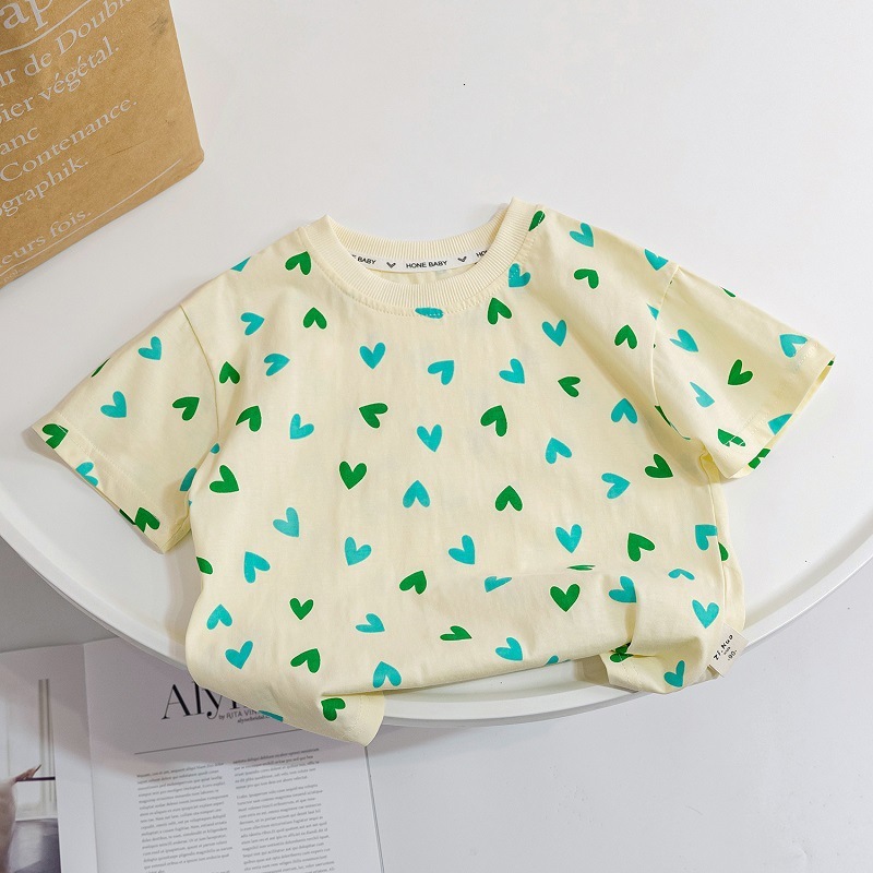 Ddmyshoesvip New Summer Korean Version Children S Clothing For Girls Full Of Printed Love Pure Cotton Loose Casual Short Sleeved Top T Shirt Trendy