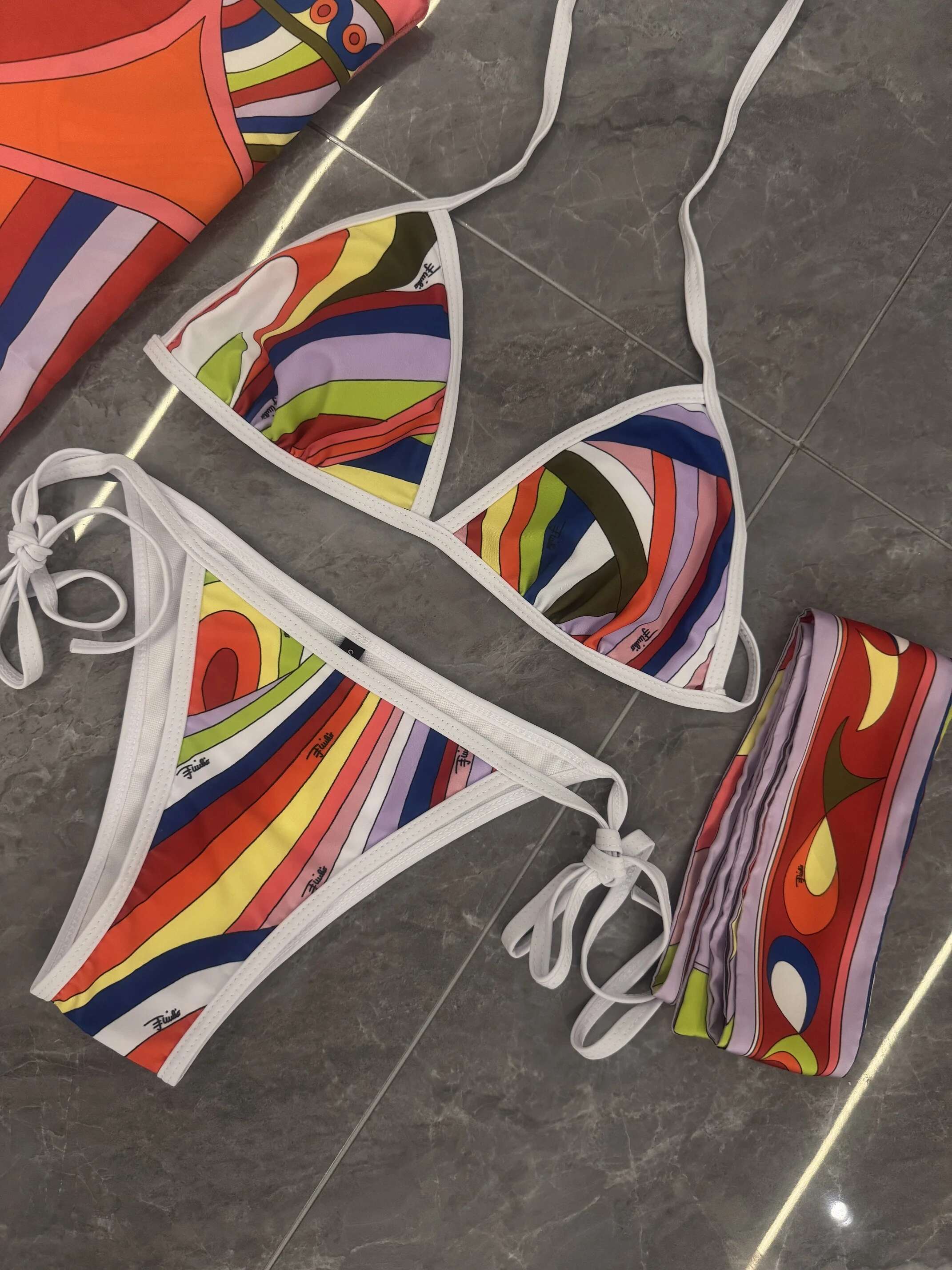 Scarf Bikini Sarong Women striped Swimwear Three Piece Of Bathing Suit