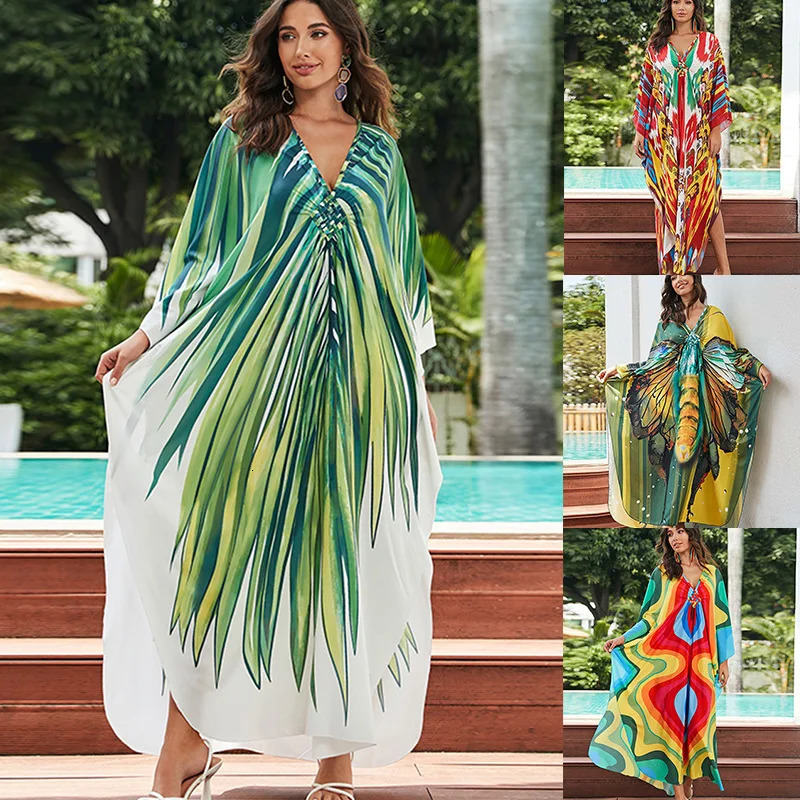 womens ethnic printed Kaftan beach dress swimsuit plus size covering wear 250409