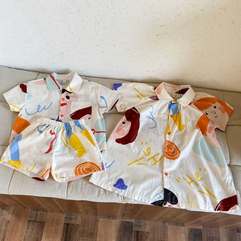 1-10Y Brothers and sisters Clothing Set Childrens Summer Shirt Pants Set Boys 2025 New Project Baby Girls Short Sleeve Graffiti Dress S2548