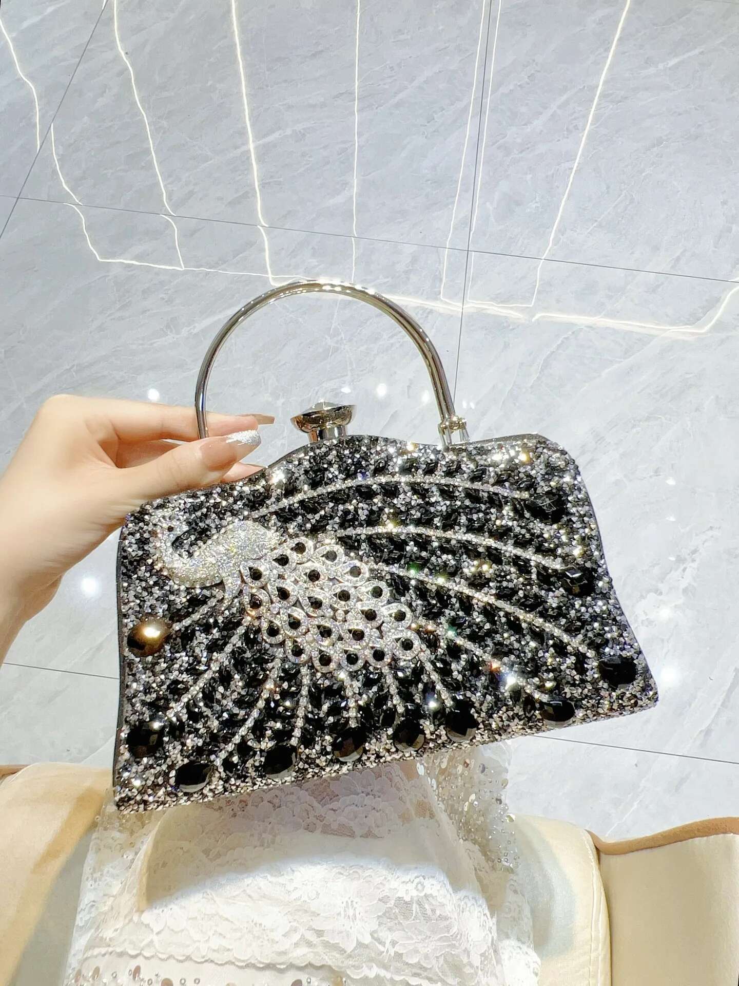 Elegant Beads Decor Mini Satchel Dinner Bag Classic Glitter Handbag Festival Gift For Women Party Handbag