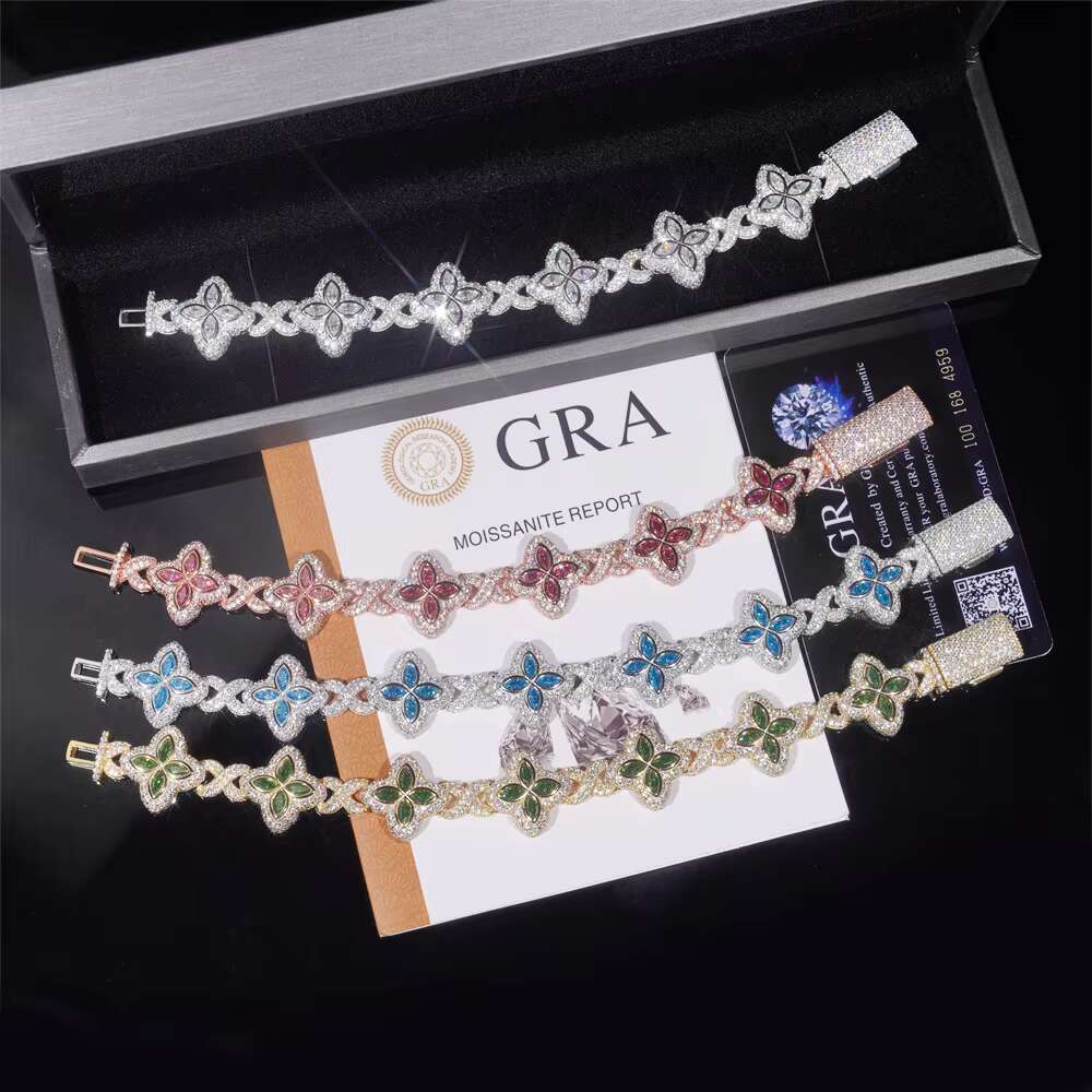 DE Hip Hop Iced Out Colorful Moissanite Clover Cuban Chain Clover Moissanite Cuban Bracelet 925 Silver Hip Hop Clover Bracelets