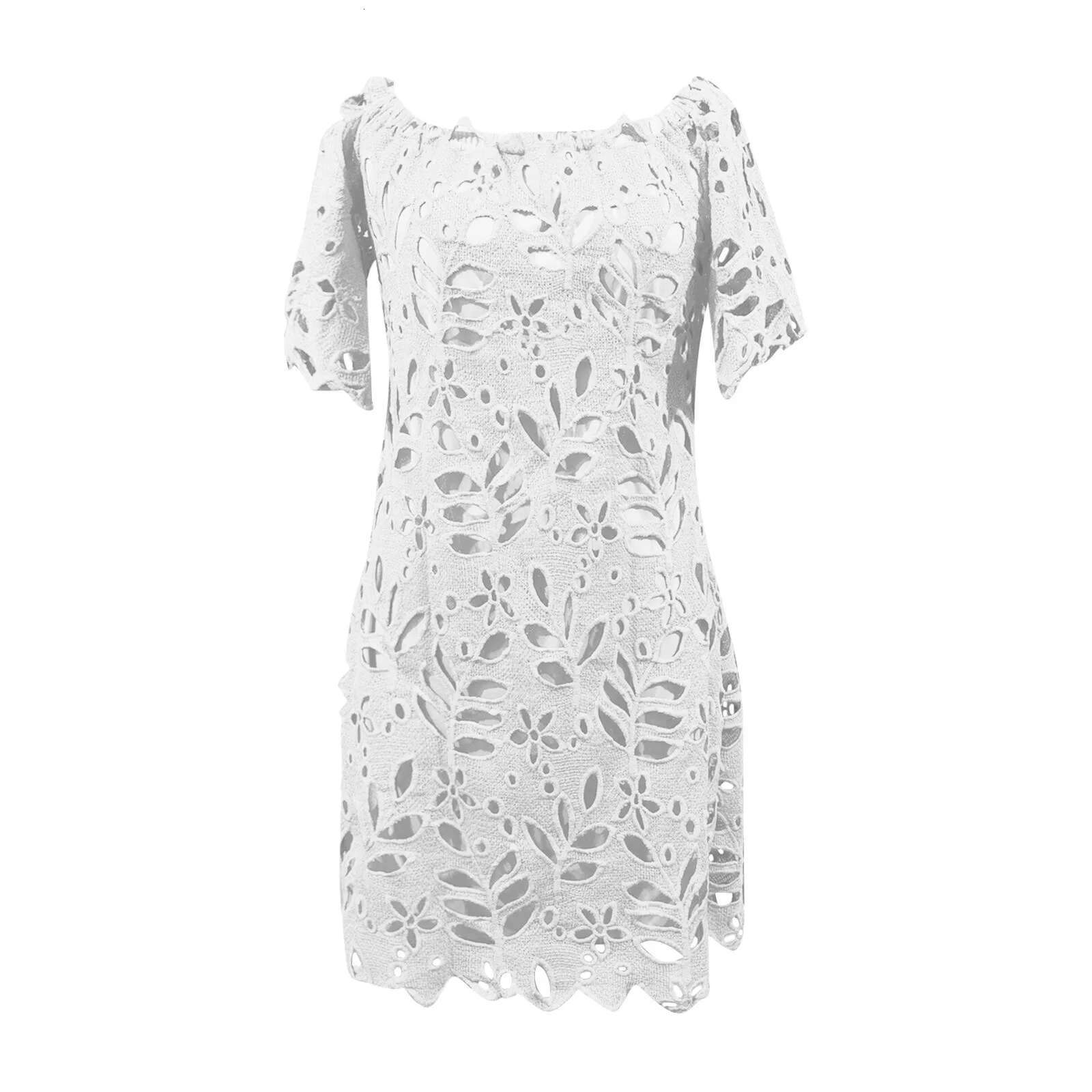 Dongdumaoyi Elegant Women Summer Solid Color Off Shoulder Dress Hollow Out Design Lace Decor See Through Slash Neck Short Sleeve Mini
