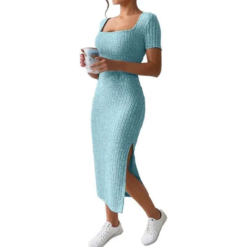 Summer Square Neck, Hip-Hing Mid-Length Skirt, Short-Sleeved, Versatile Knitted Slit Dress