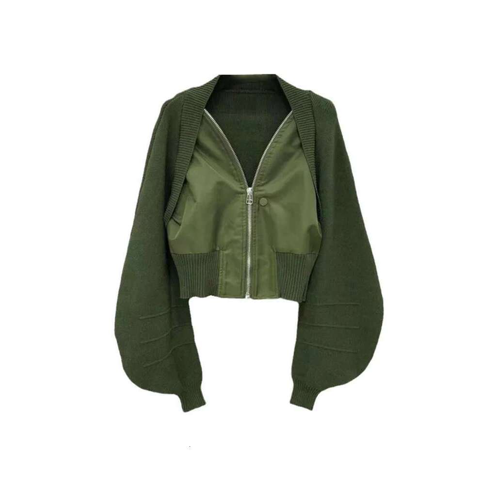 DEAT Knitted Spliced Stretch Short Jacket Women's 2024 Autumn New Fashion Loose Leisure Zipper Design Coat Female Tide Cp1746