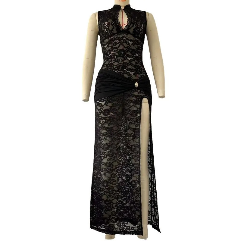 Womens sexy lace long skirt hollow sleeveless sleeved evening sewn party club dress retro casual tight fitting 250409