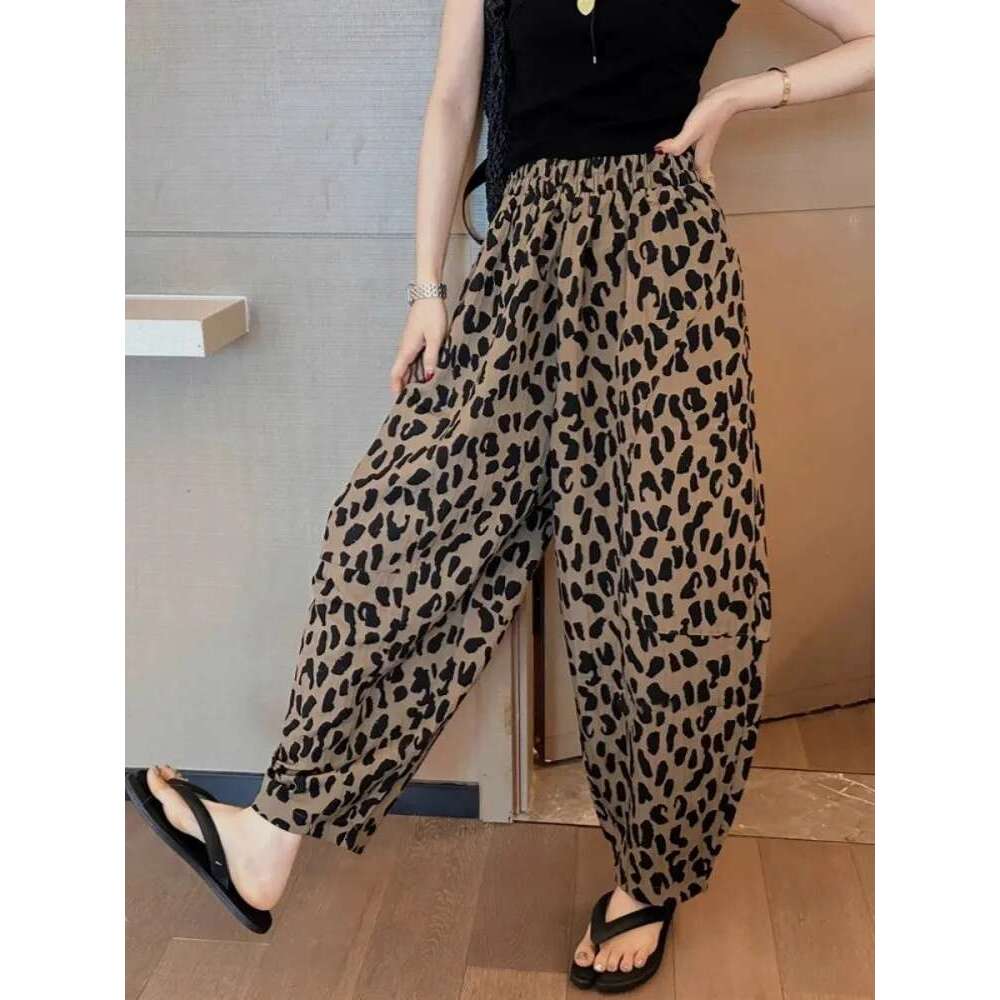 Leopard Print Wide Leg Cropped For Women's Summer Chiffon Loose Elastic Waist Thin Casual Harlan Pants