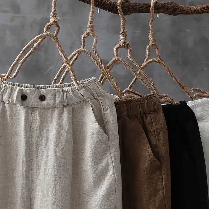 Womens high waisted casual Trouser womens loose oversized 4XL carrot pants summer ultra-thin cotton linen wide leg pantsXJ250403