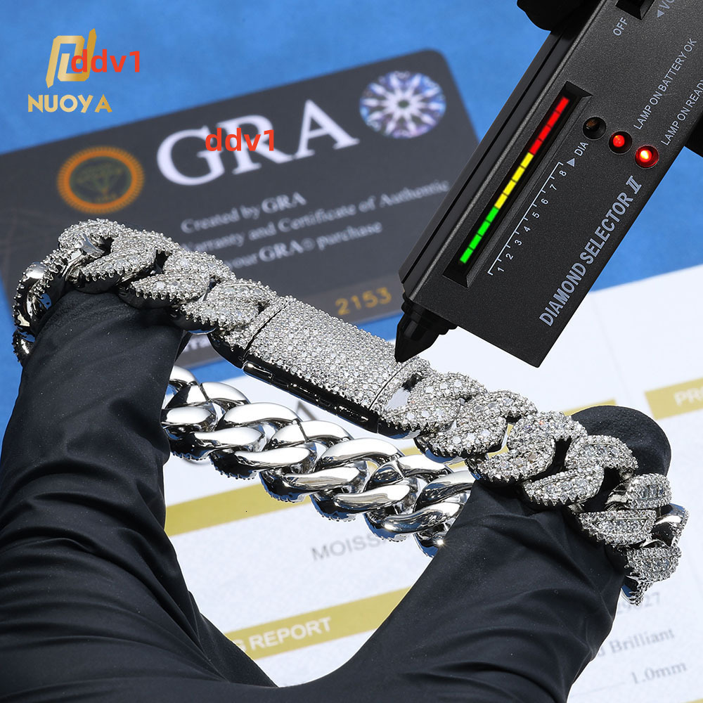 NUOYA Hip Hop Fine Jewelry 14mm Cuban Link Bracelet Iced Out VVS Moissanite 925 Silver Miami Chain Luxury