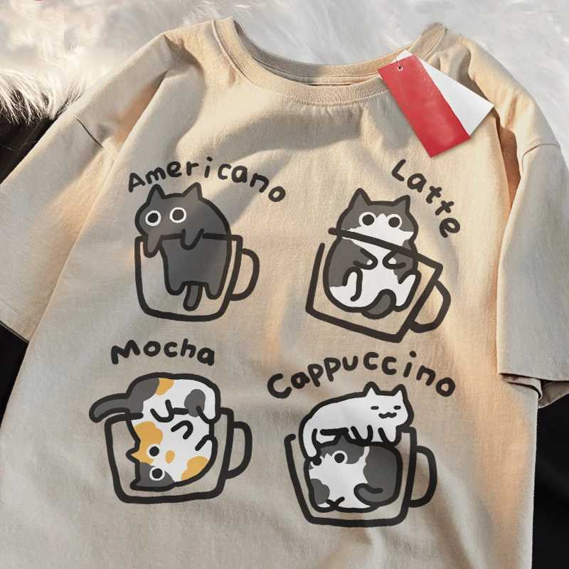 Cat Coffee Pure Cotton Trendy Summer Loose Short sleeved T-shirt Mens Original Mocha Latte Cat Three Flowers Fun Cat TeesXJ250409