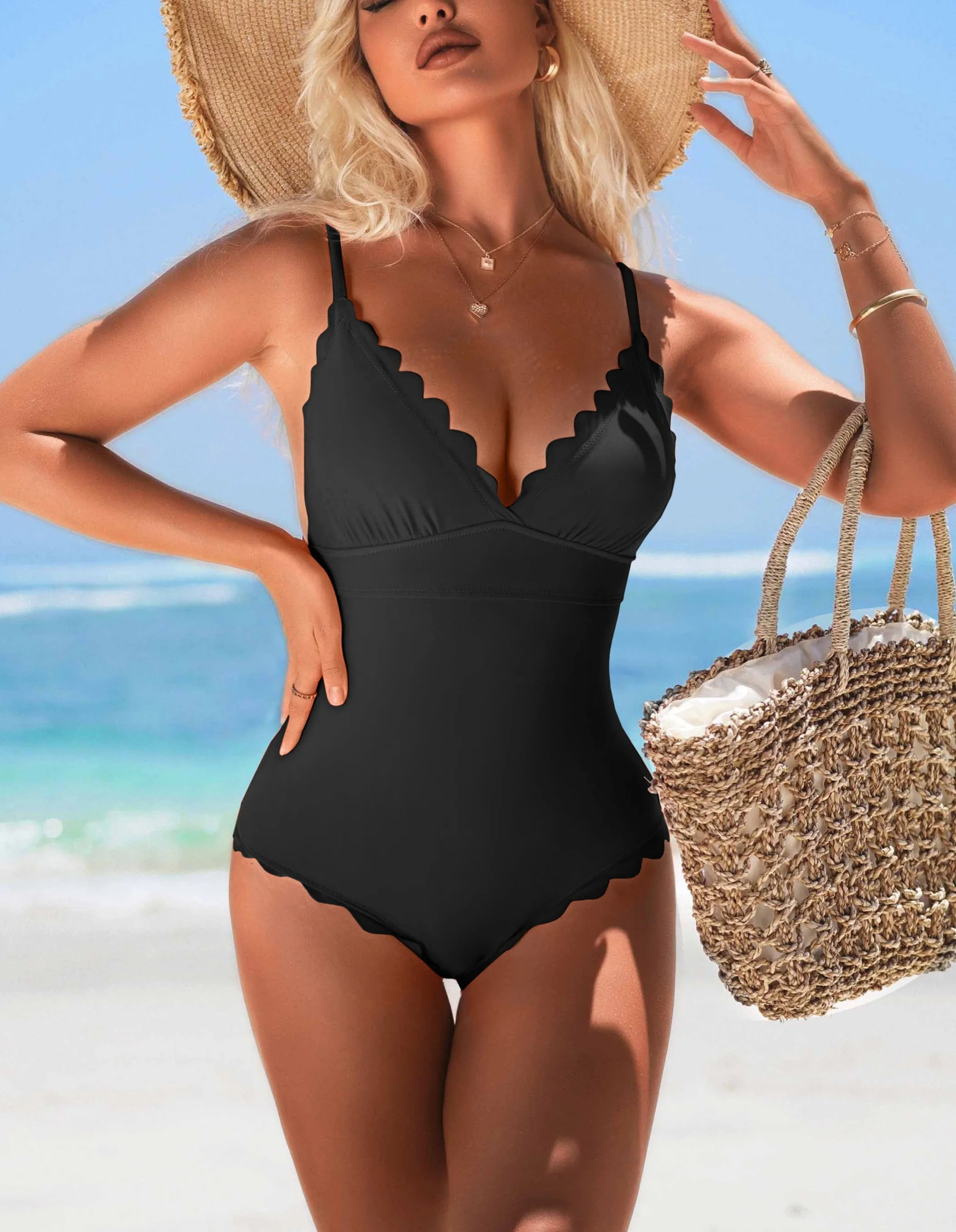 Anfilia womens fashionable onepiece swimsuit with solid scalp decoration high elasticity and detachable pad 250409