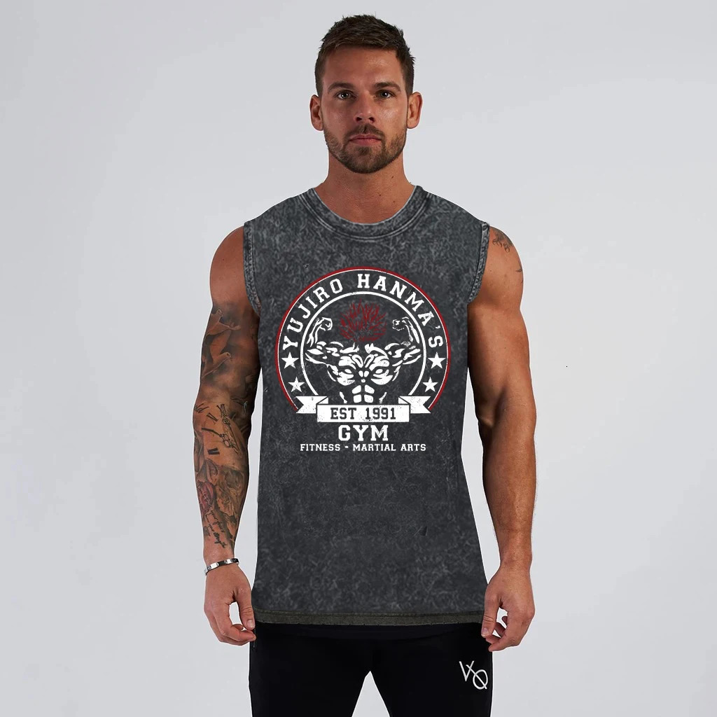 Baki Hanma Anime Graphic Print Vest for Men Gym Tank Tops Vintage Retro Washed Cotton Tees Summer Casual Black Sleeveless Tops 250408