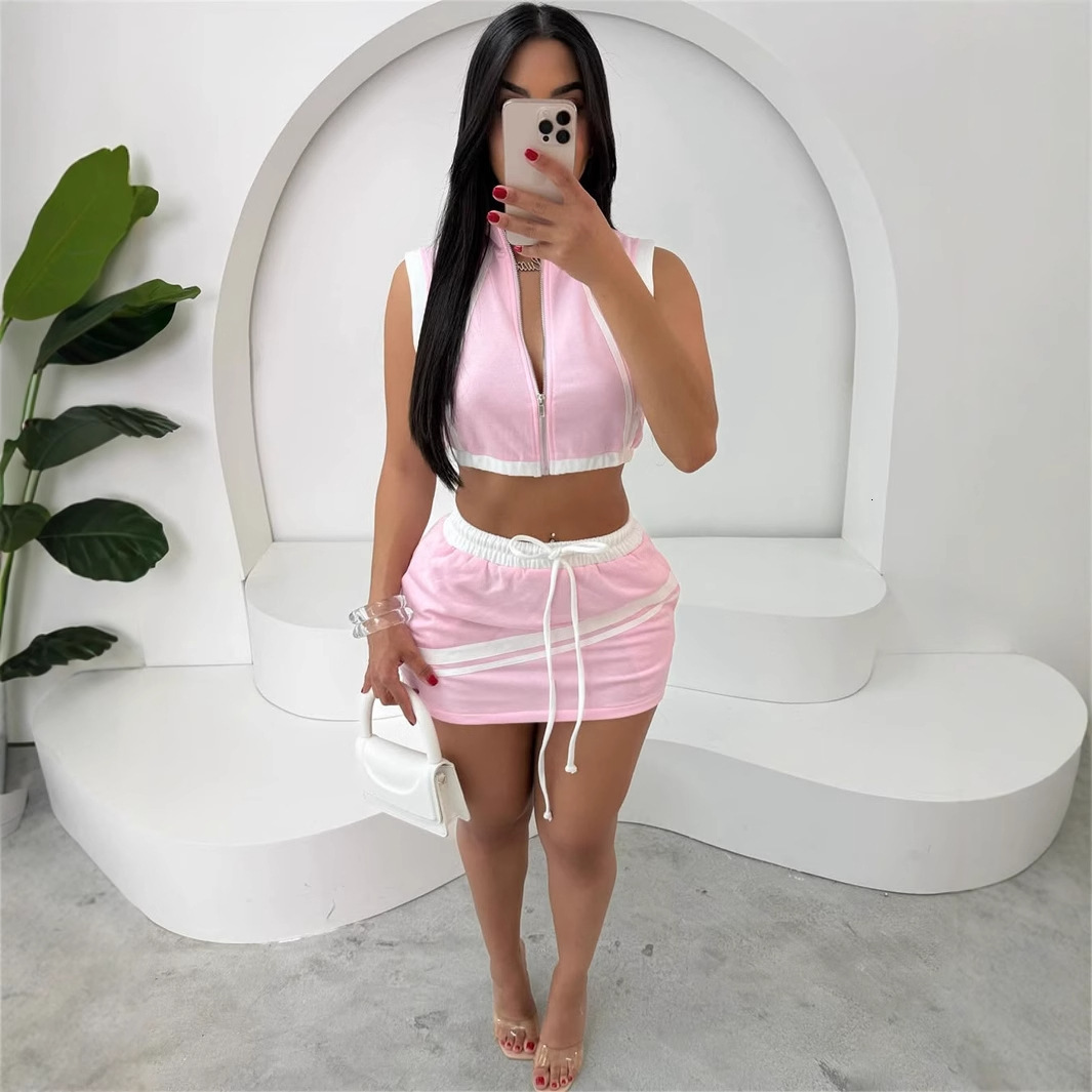 2025S Designer Women S Set New Fashionable Slim Fit Street Zipper Sleeveless Crop Top With Exposed Navel Hip Hugging Lace Up Short Skirt Set
