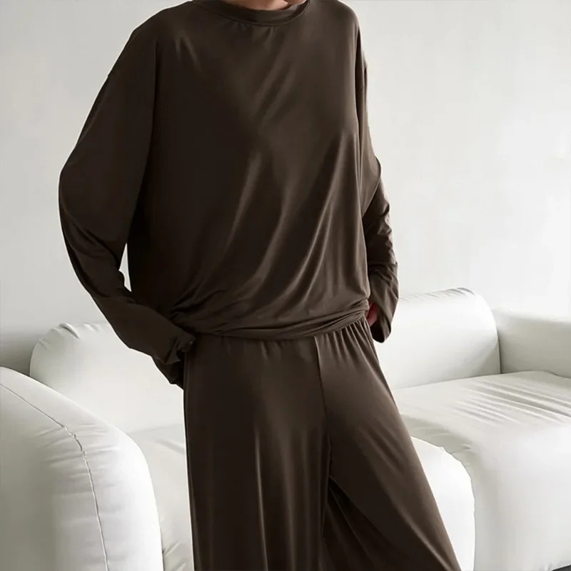 Round neck long sleeved pants sleepwear set European and American spring knitted loose fitting womens clothing 250409