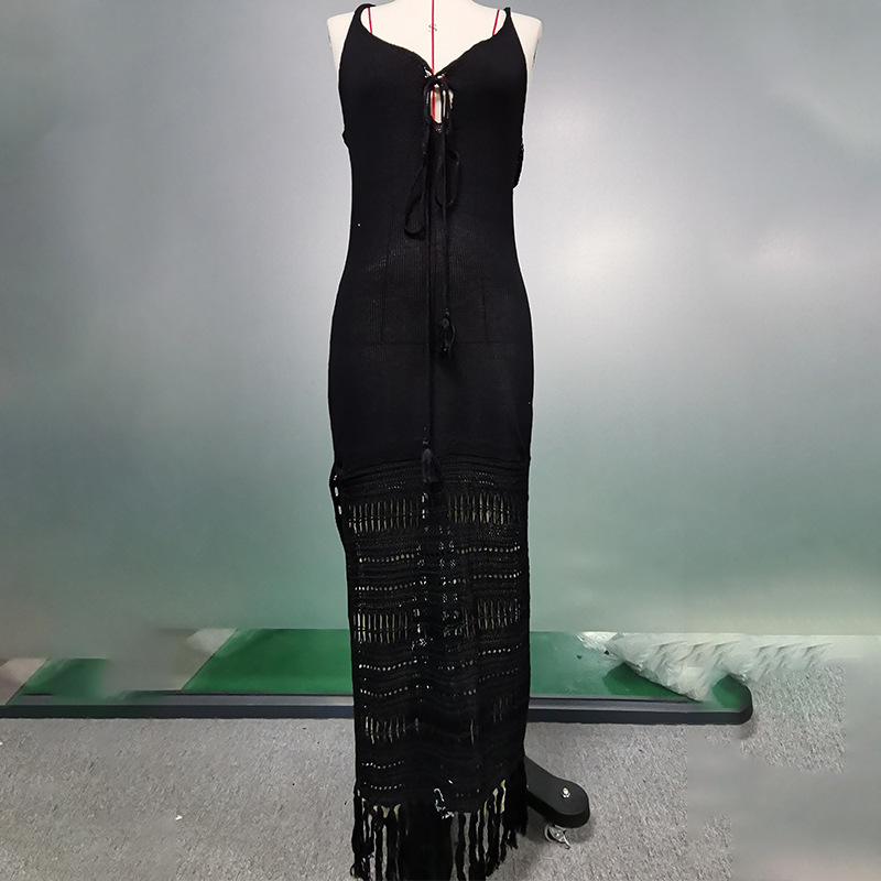 2025 Sexy Knitted Hollow Beach Cover Up Lace up Fringe Bikini Swimwear Beach Skirt Sun Protection Shirt