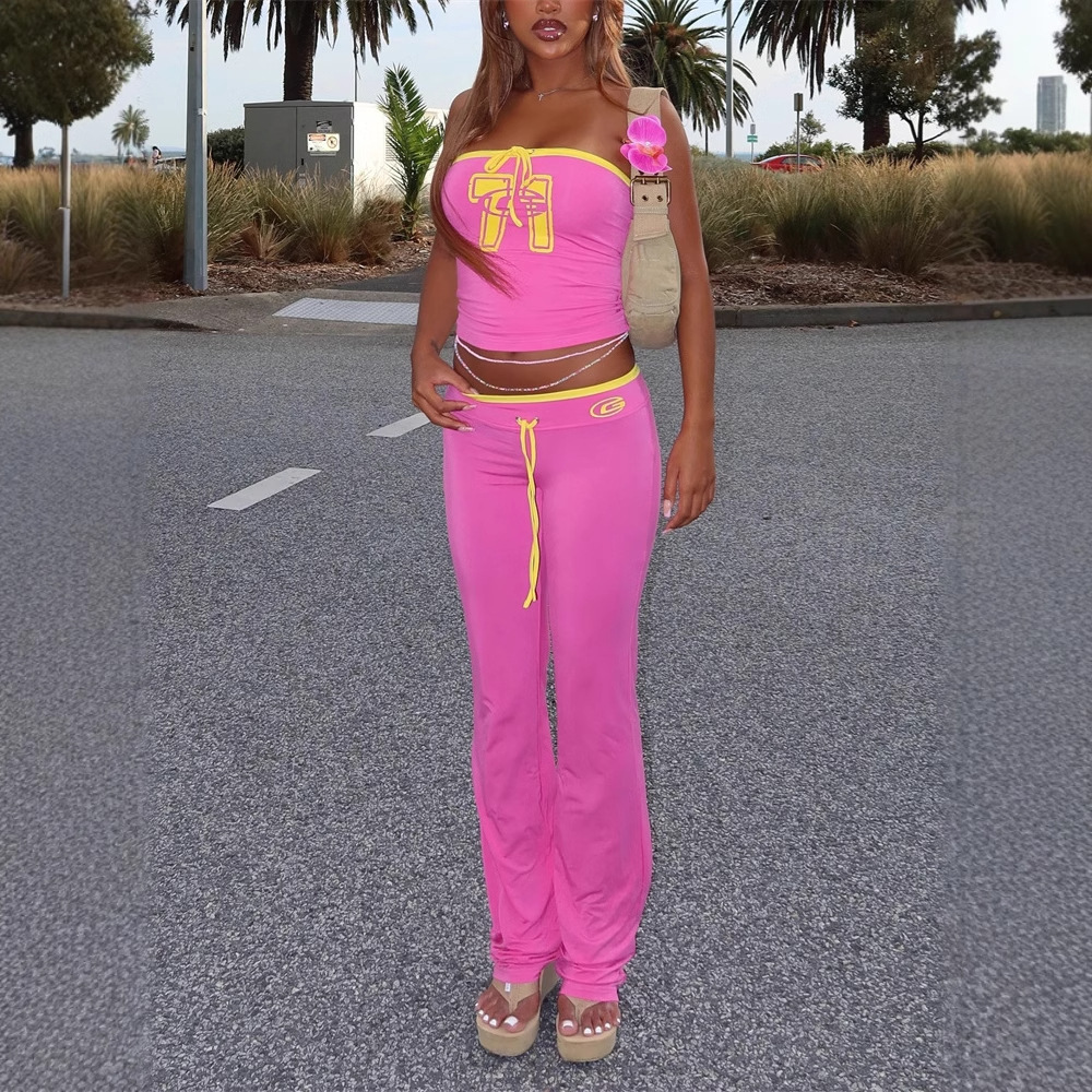 2025S Designer Women S Set Autumn New Fashionable Slim Fit Contrasting Color Sexy Spicy Girl Short Style Strapless And Navel Exposed Top Pants Set