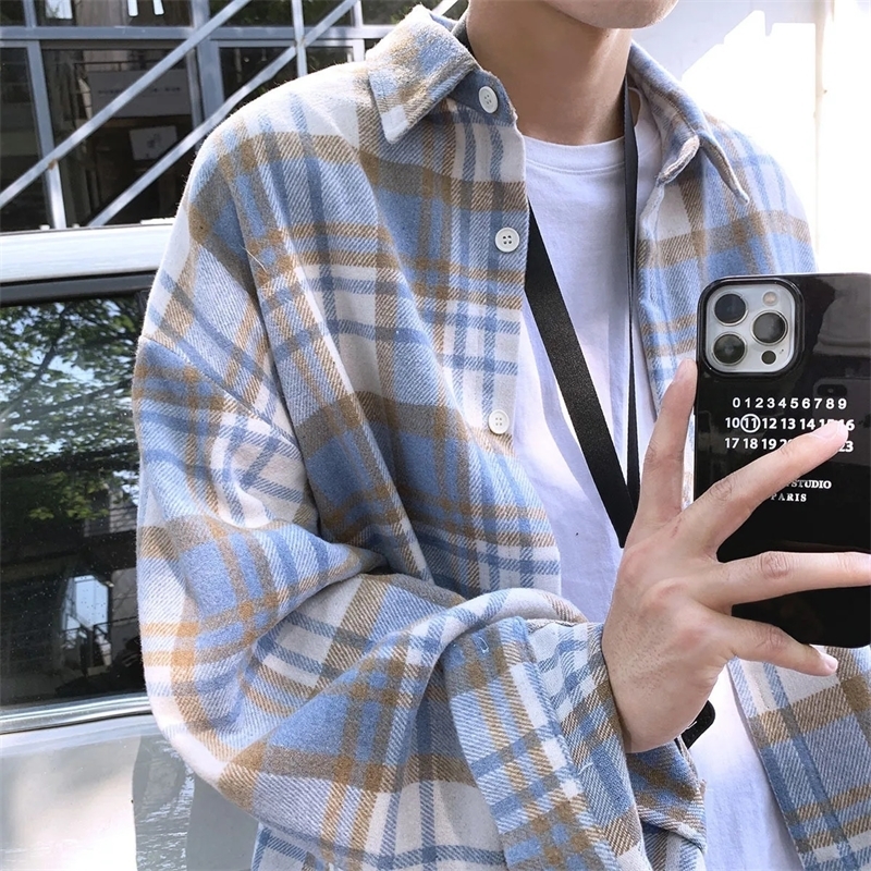 Green Woolen Plaid Shirt Long Sleeve Mens Casual Sensibility Jacket Autumn/winter British Style Mens Fashion 250409