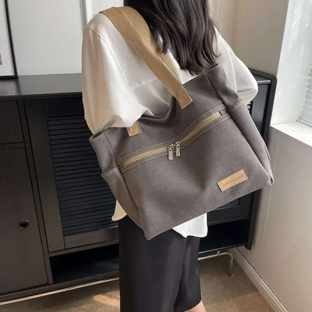 Fashion Retro Versatile Canvas Tote Bag Leisure Student Shoulder Bags Portable Handbag With Zipper For Women 2025