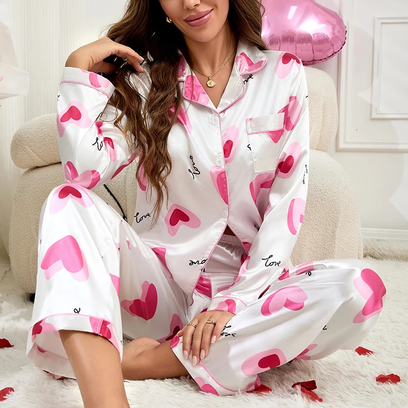 Womens satin pajama set autumn heartshaped printed long sleeved button up top and pants casual wear 2 pieces 250409