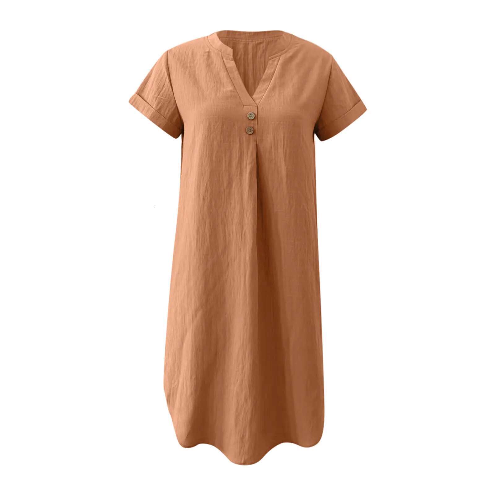 Dongdumaoyi Summer New V Neck Commuter Dress Women Solid Pullover Casual Button Pleated Raglan Short Sleeve Loose Waist Female