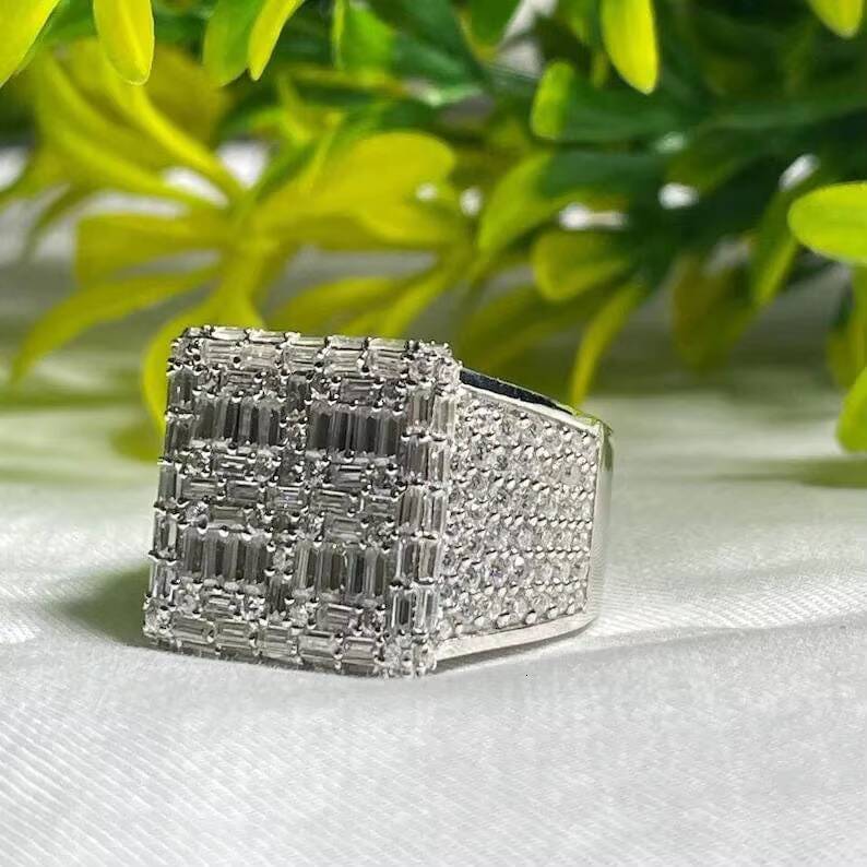 Hip Hop Iced Out Mens Ring 925 Silver Custom Made Round and Baguette VVS Moissanite Diamonds Ring For Rappers Hip Hop Ring
