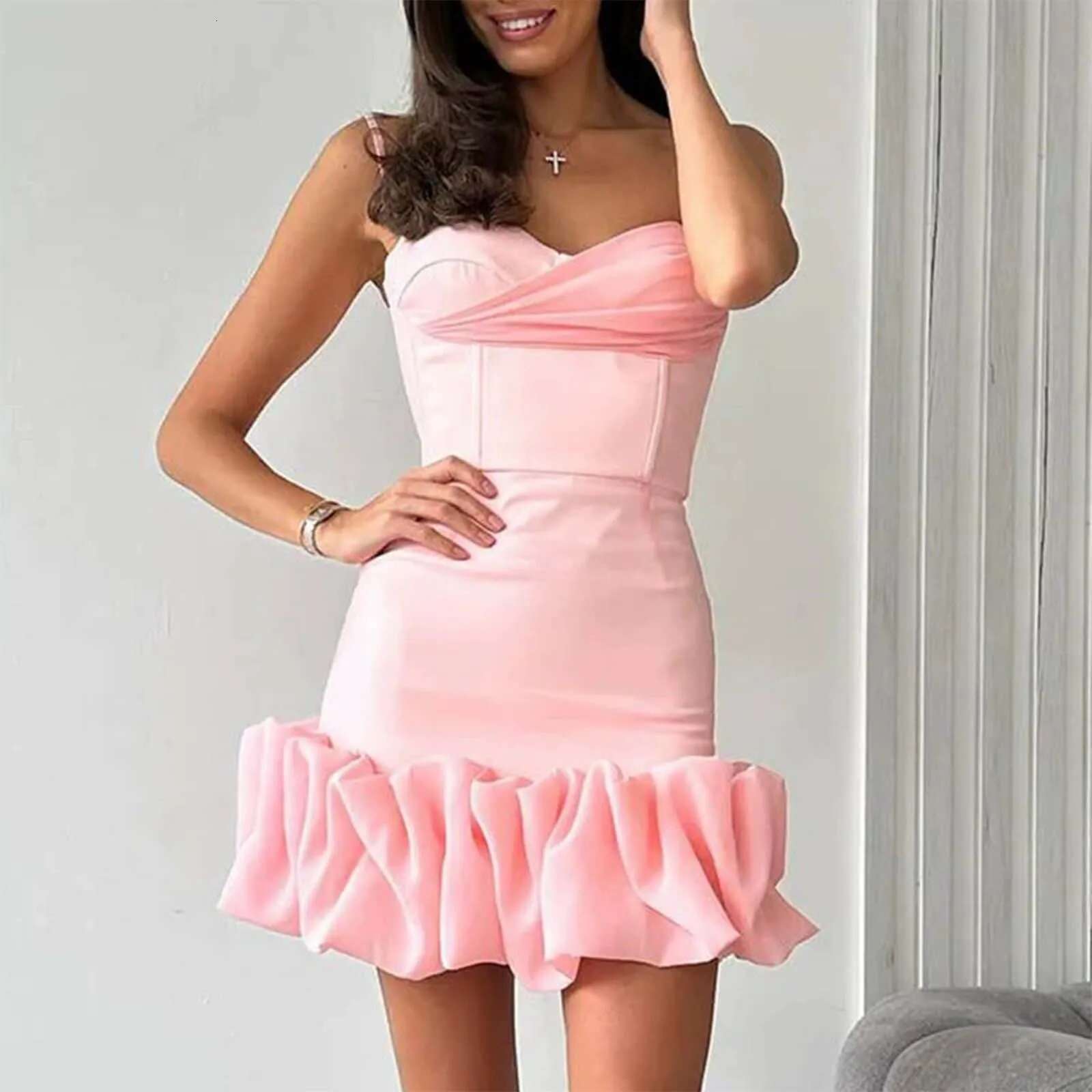 Dongdumaoyi New Summer Elegant Pleated Suspender Dress Sexy Nipped Waisted Women Wrap Hips Short Temperament Slim Solid Evening