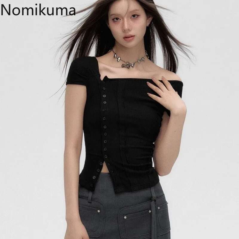 2025 Ropa Mujer Tshirts Women Slash Neck Short Sleeve Tees Crop Tops Fashion Summer T Shirts Single Breasted Black Y2k T-shirt
