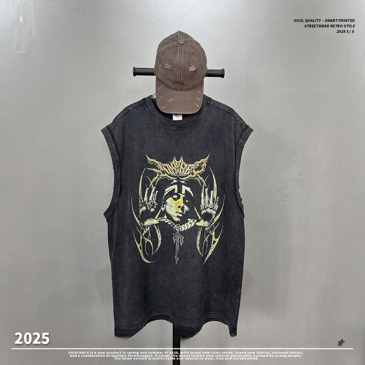 2025 New Product Wax Grinding Edge Shoulder Digital Printing Men's Tank Top Splicing Water Washed Sleeveless T-shirt Men
