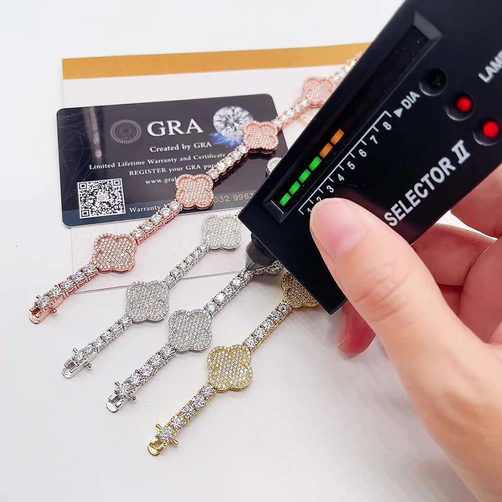 3-4mm Clover Moissanite Tennis Chain S925 Silver Bracelets For Women Iced Out Hand Chain Pass Diamonds Tester With GRA Hip Hop