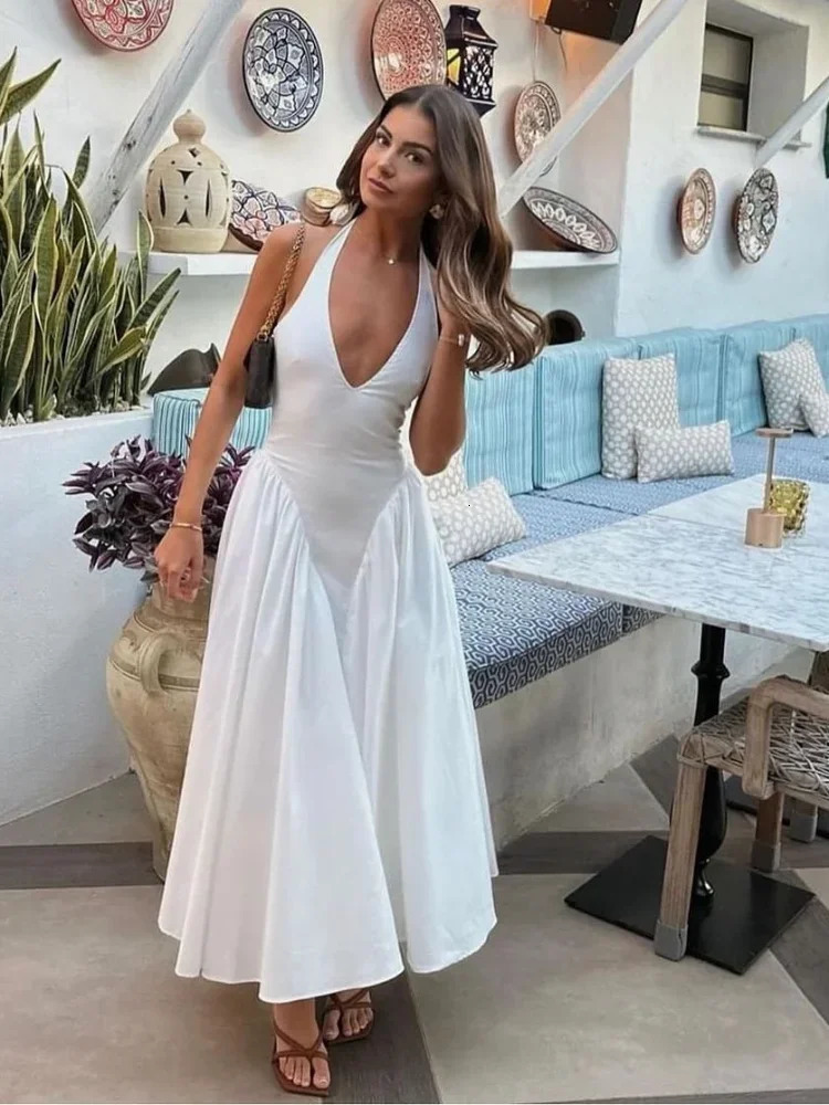 Elegant Women Black U Neck Sleeveless Slim Long Dress Chic Backless Printed Grid High Waist Robe Lady Summer Party Gown 250408