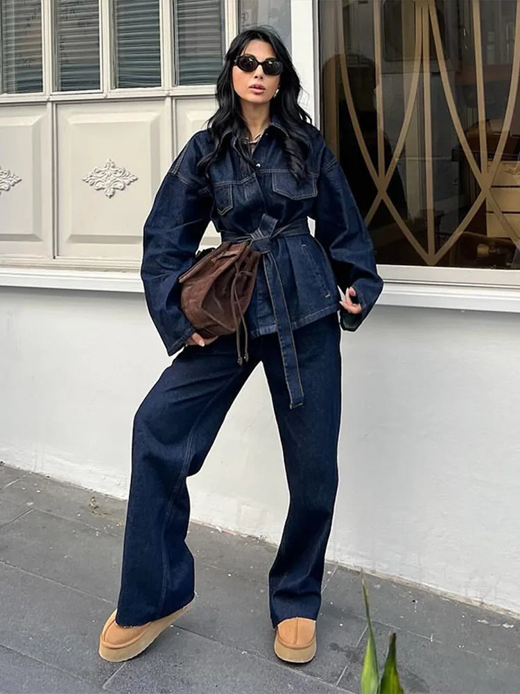 Fashionable collar denim jacket with belt suitable for women single chest long sleeved shirt Coats Street womens Chic top 250409